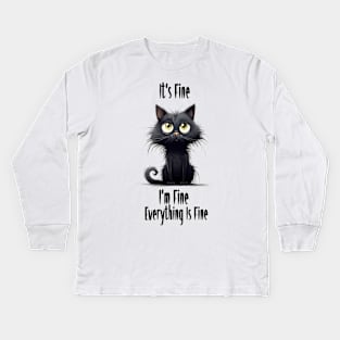 Black Cat halloween It's Fine I'm Fine Everything Is Fine Kids Long Sleeve T-Shirt